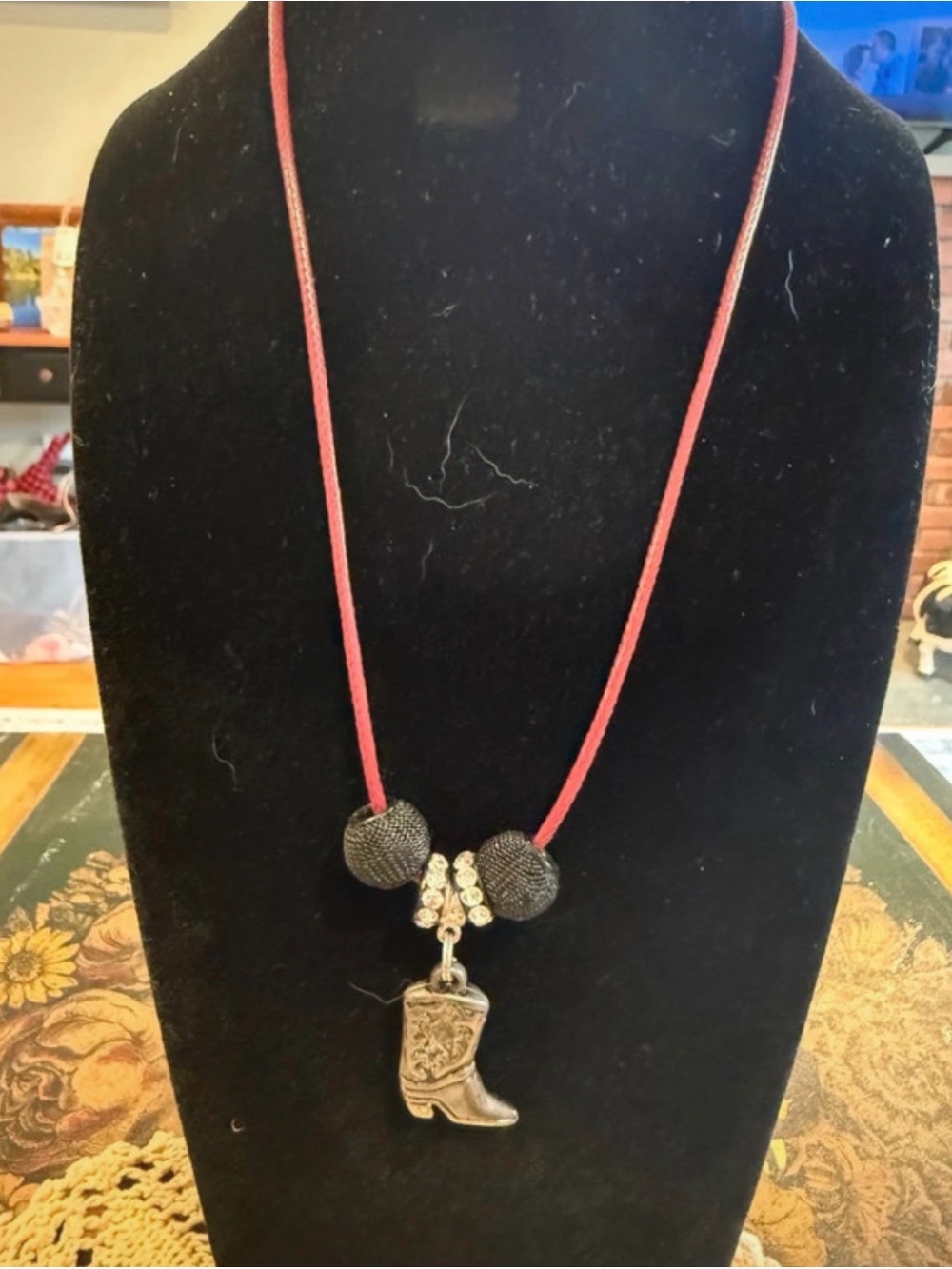 Red Cord Western Boot Pendant Necklace with Rhinestone Accent